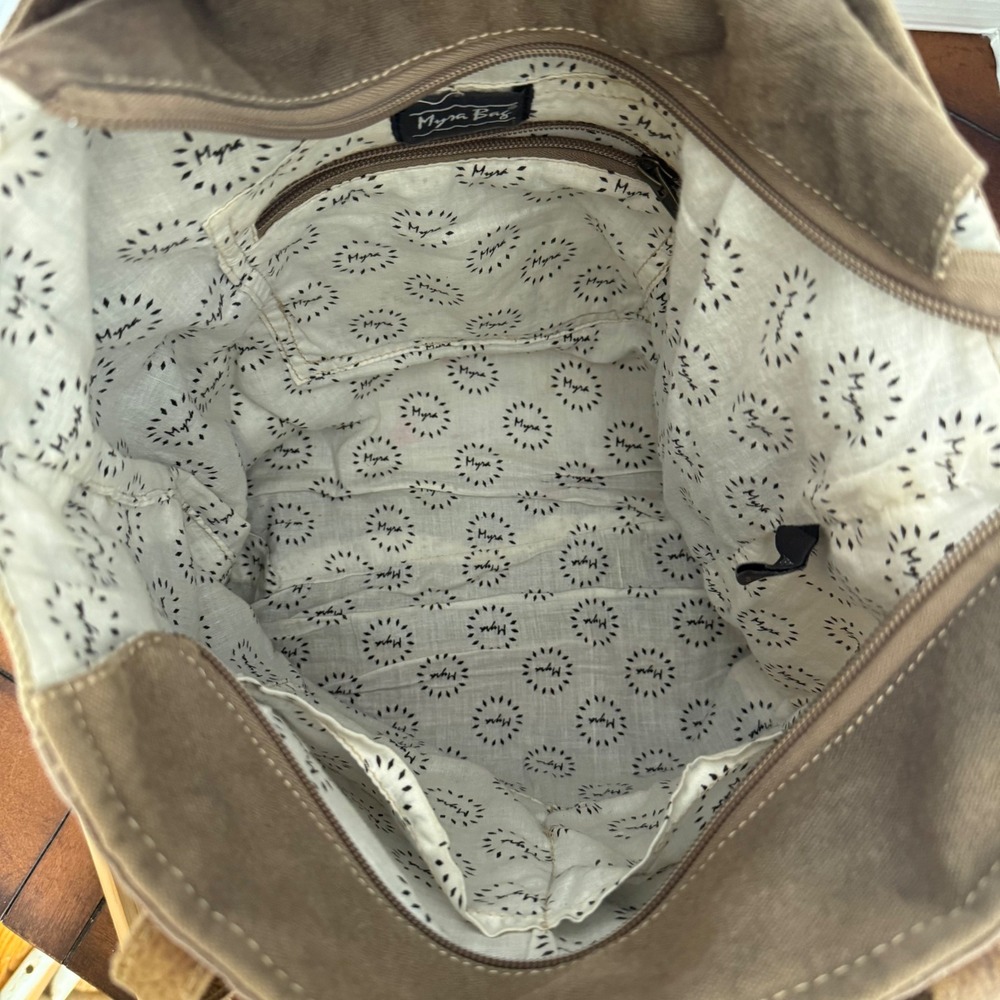 Myra Bag Canvas Leather Patchwork Tote Shoulder Bag Brown Tan Botanical Print - Picture 11 of 12